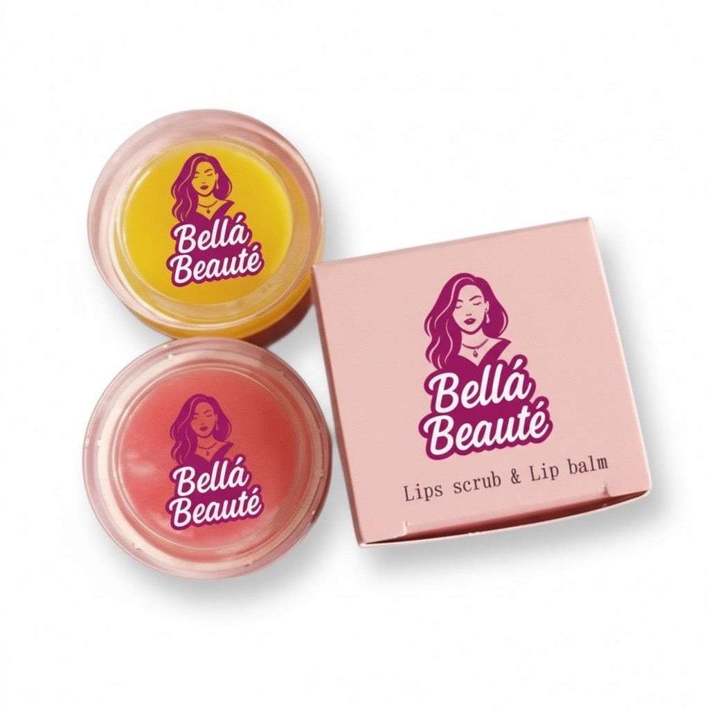 Bella Beauté lip scrub and lip balm duo in yellow and pink shades, packaged in a pink box.