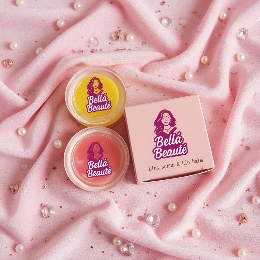 Bella Beauté lip scrub and lip balm duo in pink and yellow shades, featuring a pink box.