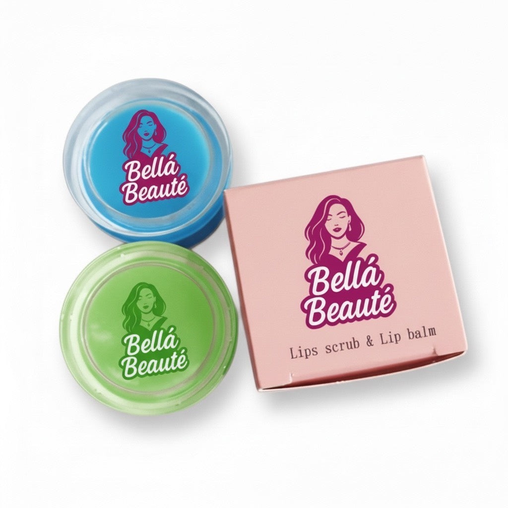 Bella Beauté lip scrub and lip balm set in blue and green, with pink packaging.