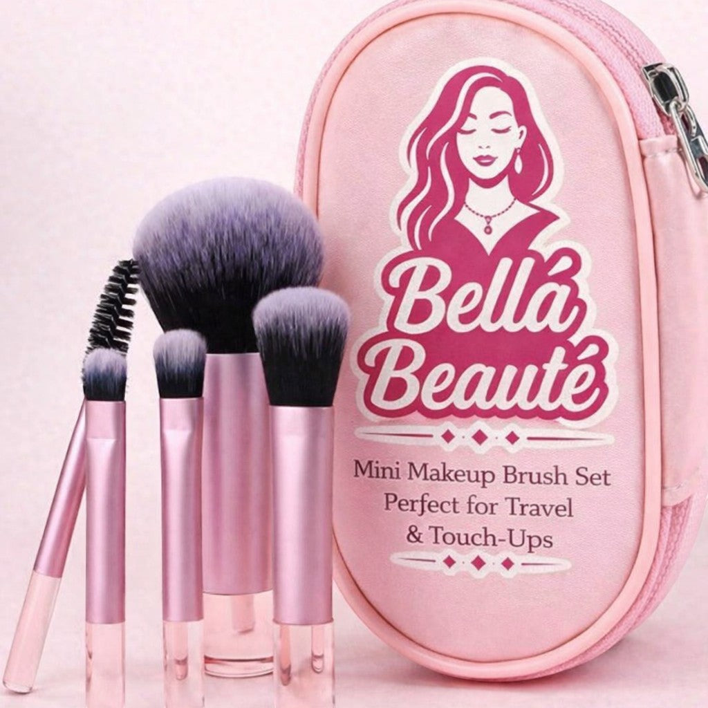 Bella Beauté pink 10-piece mini makeup brush set with travel case, featuring soft bristles and rose gold handles.