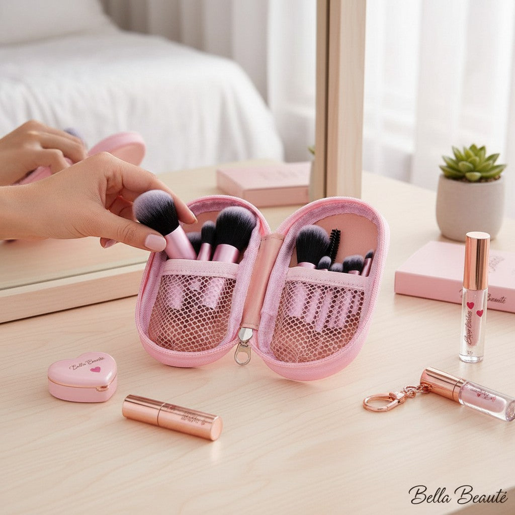 Bella Beauté pink travel makeup brush set with 10 mini brushes and a compact case, perfect for on-the-go.