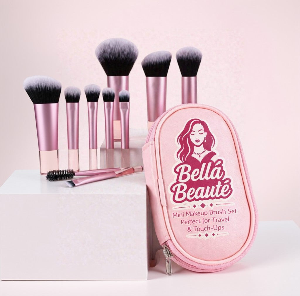 Bella Beauté 10-piece mini makeup brush set with pink handles and a pink travel case. Soft bristles for smooth application.