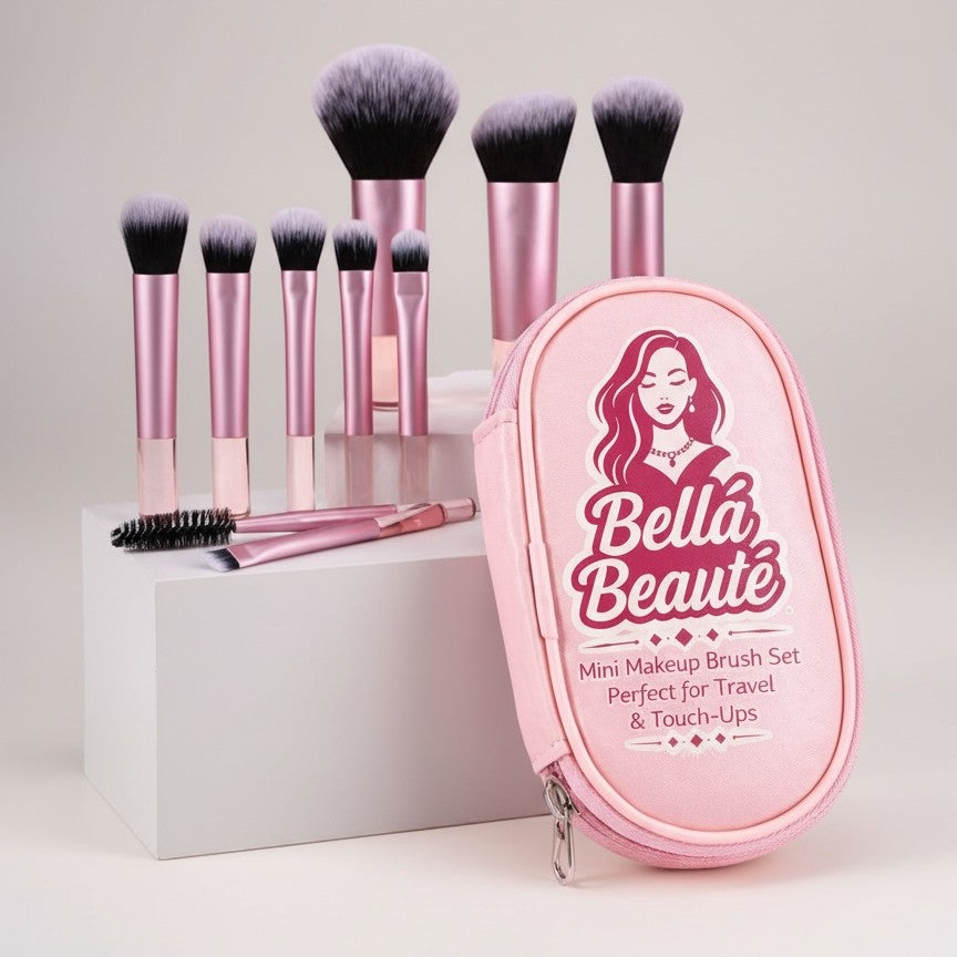 Bella Beauté 10-piece mini makeup brush set with pink handles and white bristles, includes travel case.