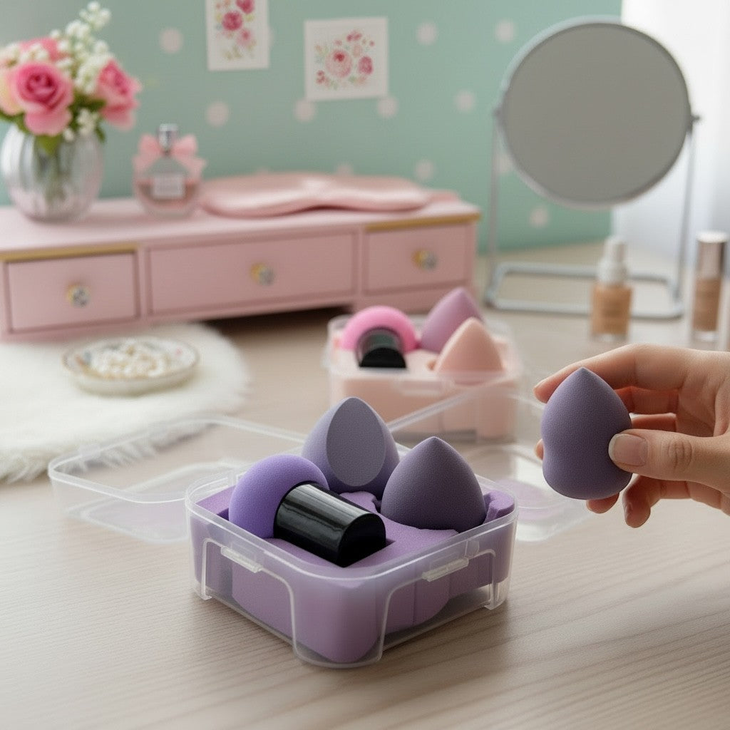 Bella Beauté makeup sponges in purple and pink, with a travel case. Ultra-soft, bouncy material for seamless blending.