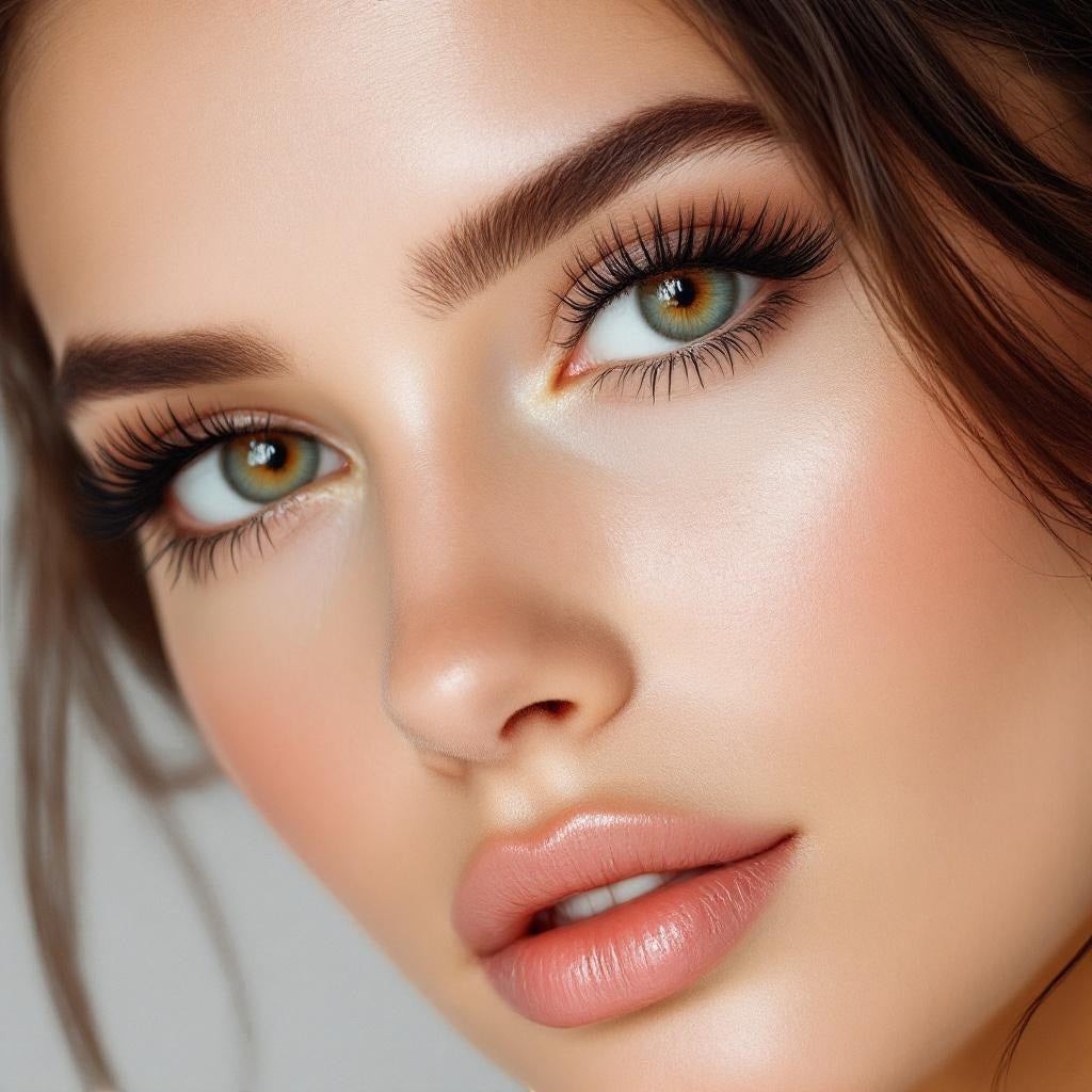 Bella Beauté Mascara enhances lashes with volume and length. Model with green eyes and flawless skin.