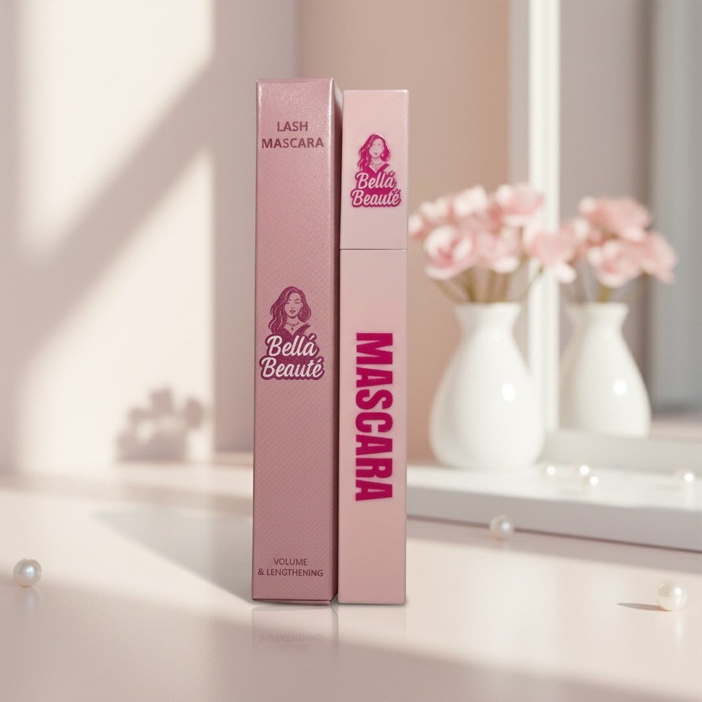 Bella Beauté pink lash mascara tube and box, featuring volume & lengthening formula. Smudge-resistant.