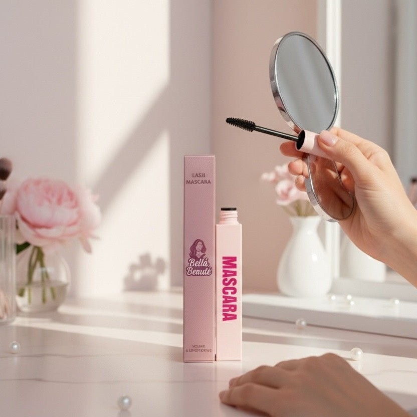 Bella Beauté mascara tube and box on a vanity with a hand holding a mirror and wand. Pink packaging.