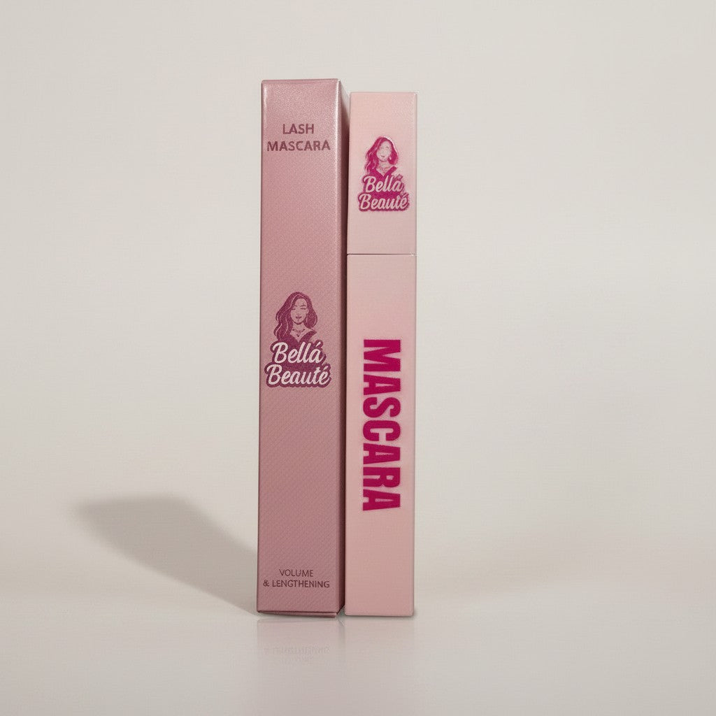 Bella Beauté pink mascara tube and box, featuring volume & lengthening formula for smudge-resistant, clump-free lashes.