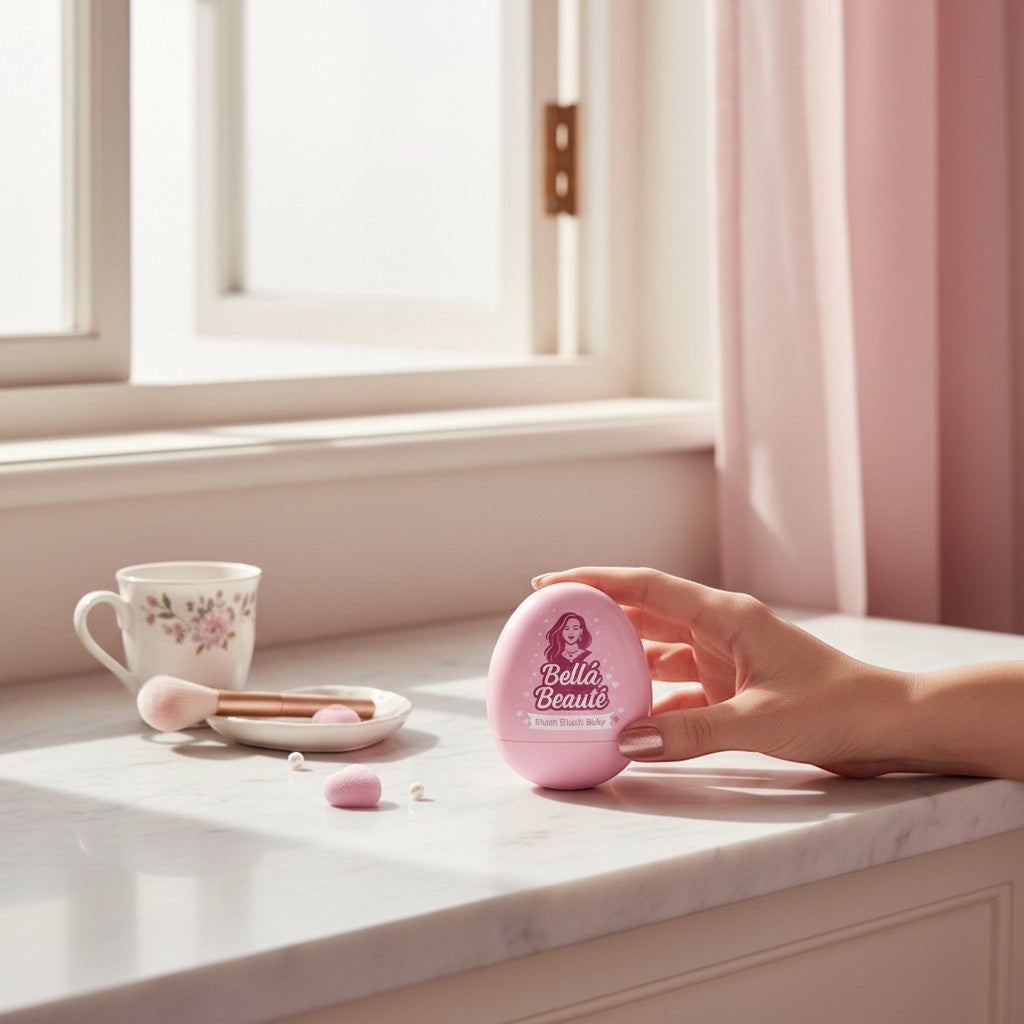 Bella Beauté pink creamy blush compact in an egg shape, held by a hand. Includes makeup brush and pearls.