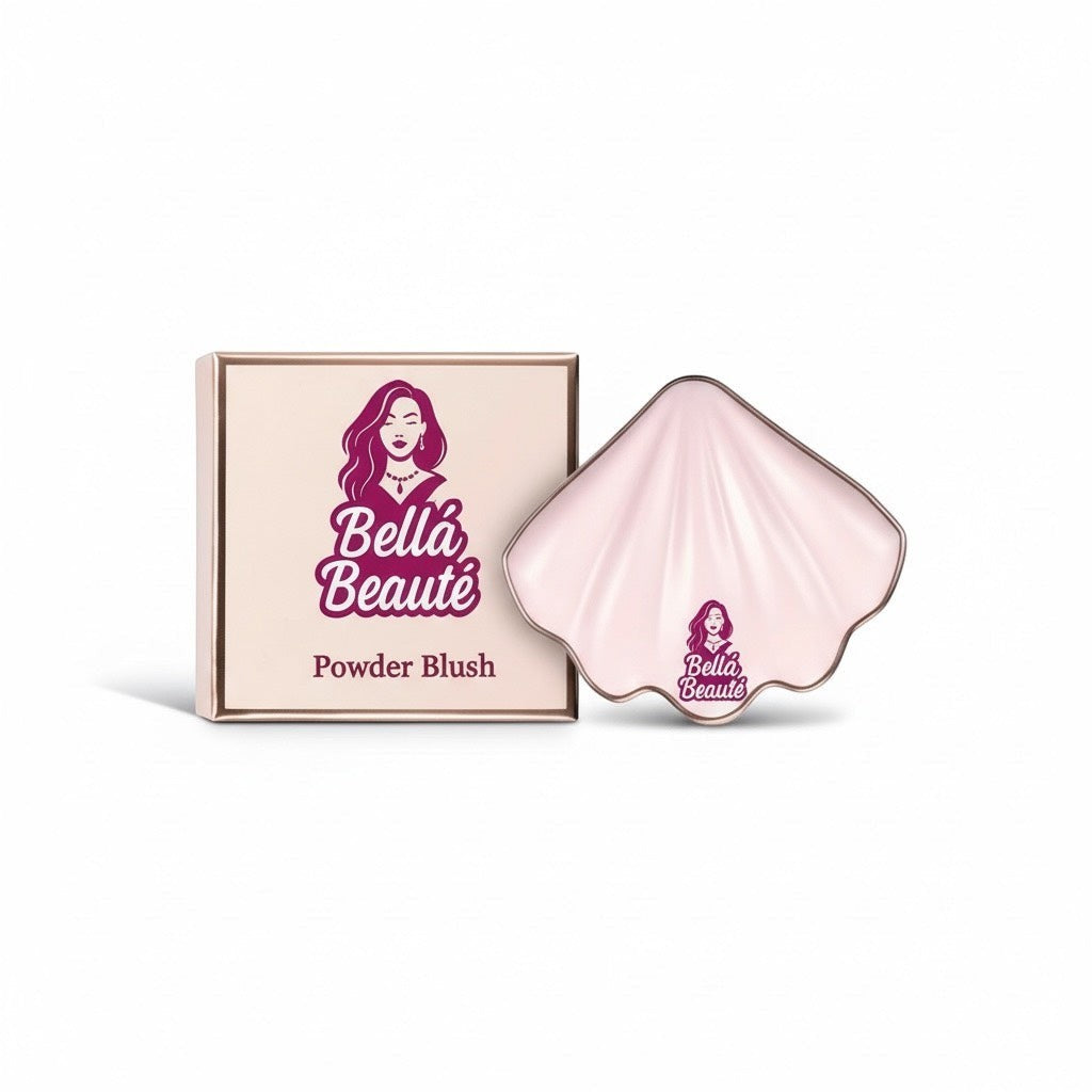 Bella Beauté powder blush in a shell-shaped compact, light pink shade.