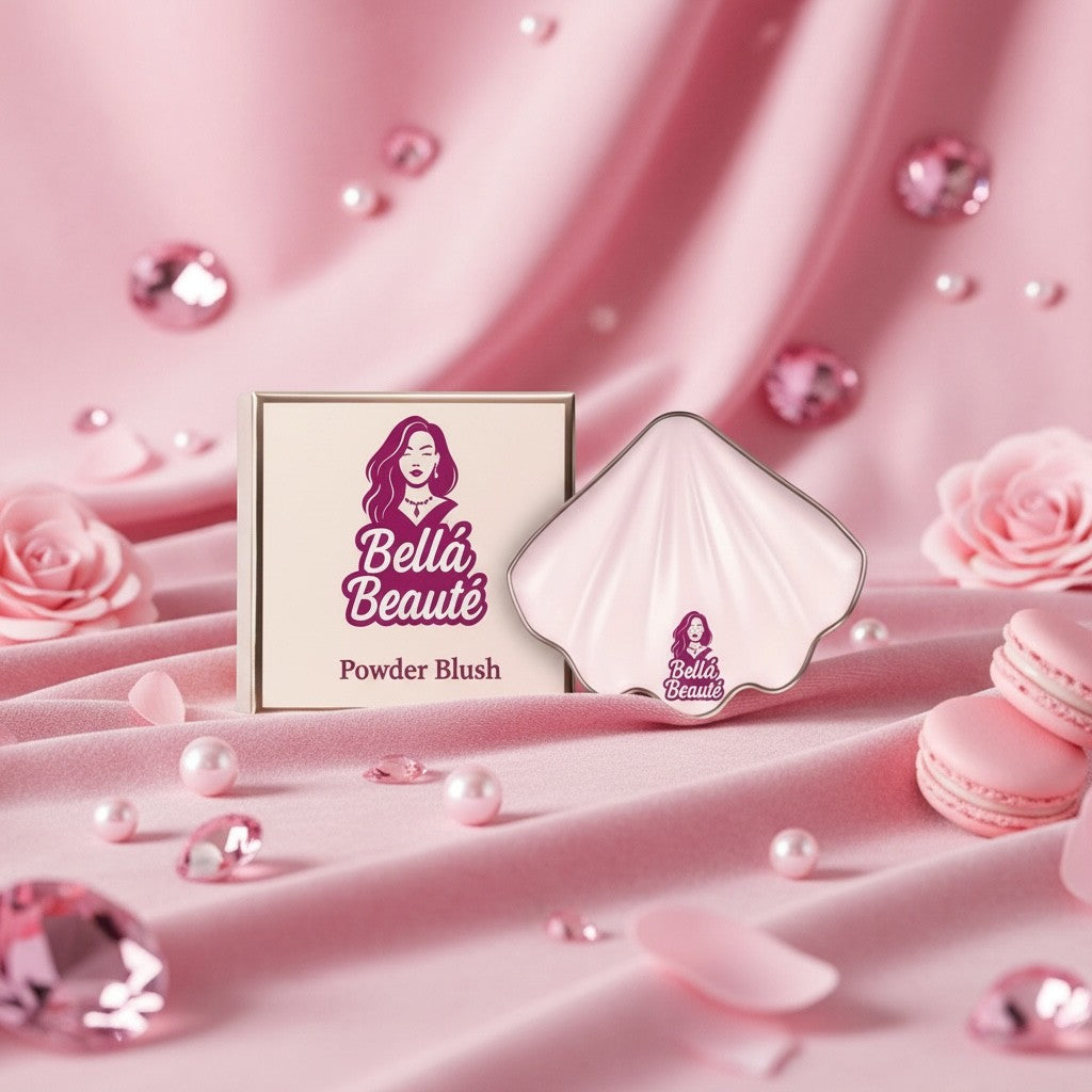 Bella Beauté powder blush in a shell-shaped compact, offering a soft, radiant flush. Available in Aromatic, Cheek, and Damsel shades.