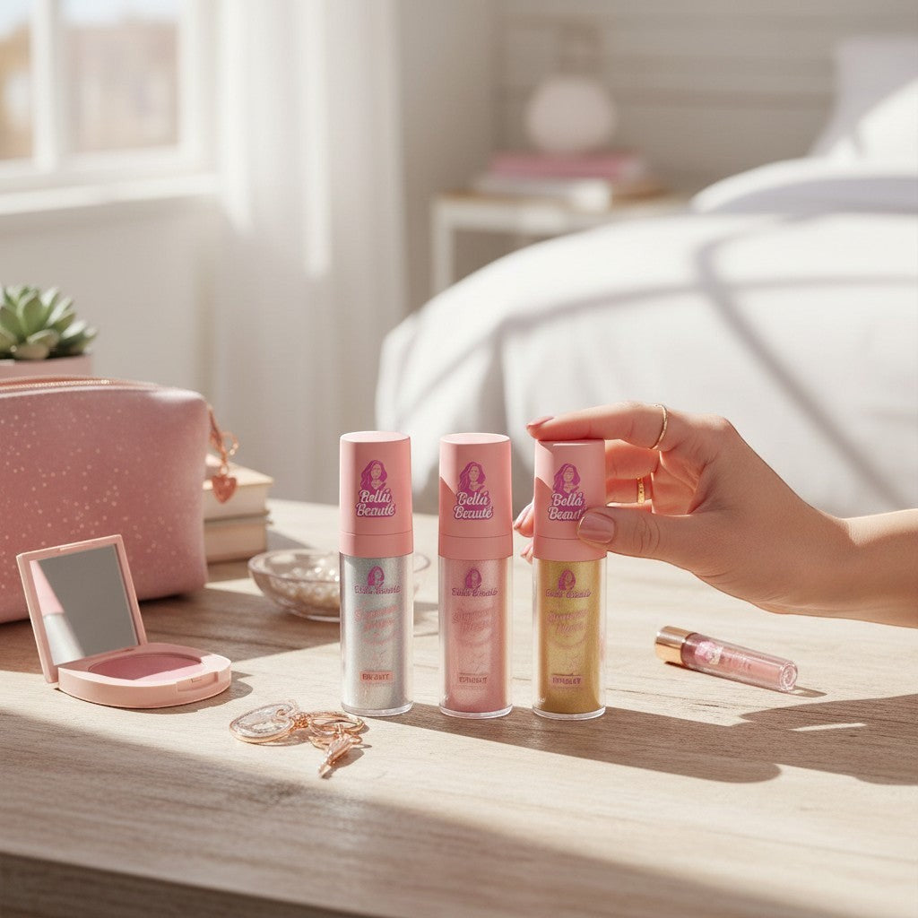 Bella Beauté Shimmer Magic Body Glow in Bright, Pink, and Gold shades. A hand holds the Gold shade bottle.