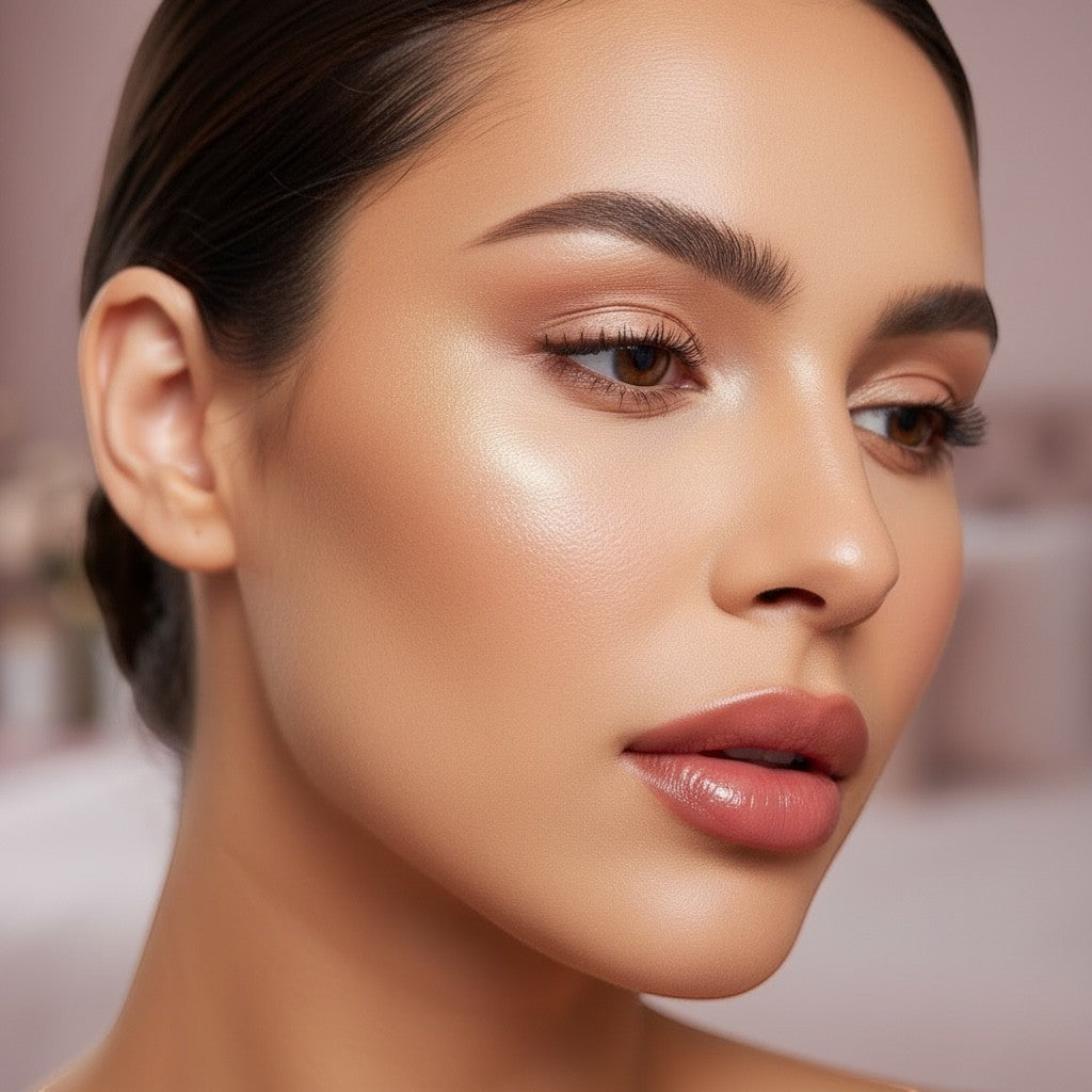 Bella Beauté Shimmer Magic Body Glow in Bright shade, a luminous liquid illuminator with a silver sheen on model's cheekbones and décolletage.
