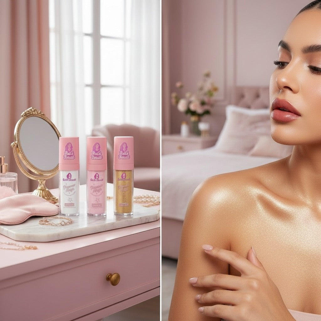 Bella Beauté Shimmer Magic Body Glow in gold shade, a luminous body illuminator for a sun-kissed sheen. For face & body.