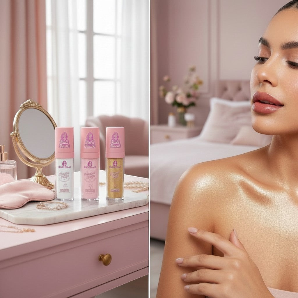 Bella Beauté Shimmer Magic Body Glow in Bright, Pink, and Gold shades. A model shows off a luminous, sun-kissed sheen on her shoulders and arms.