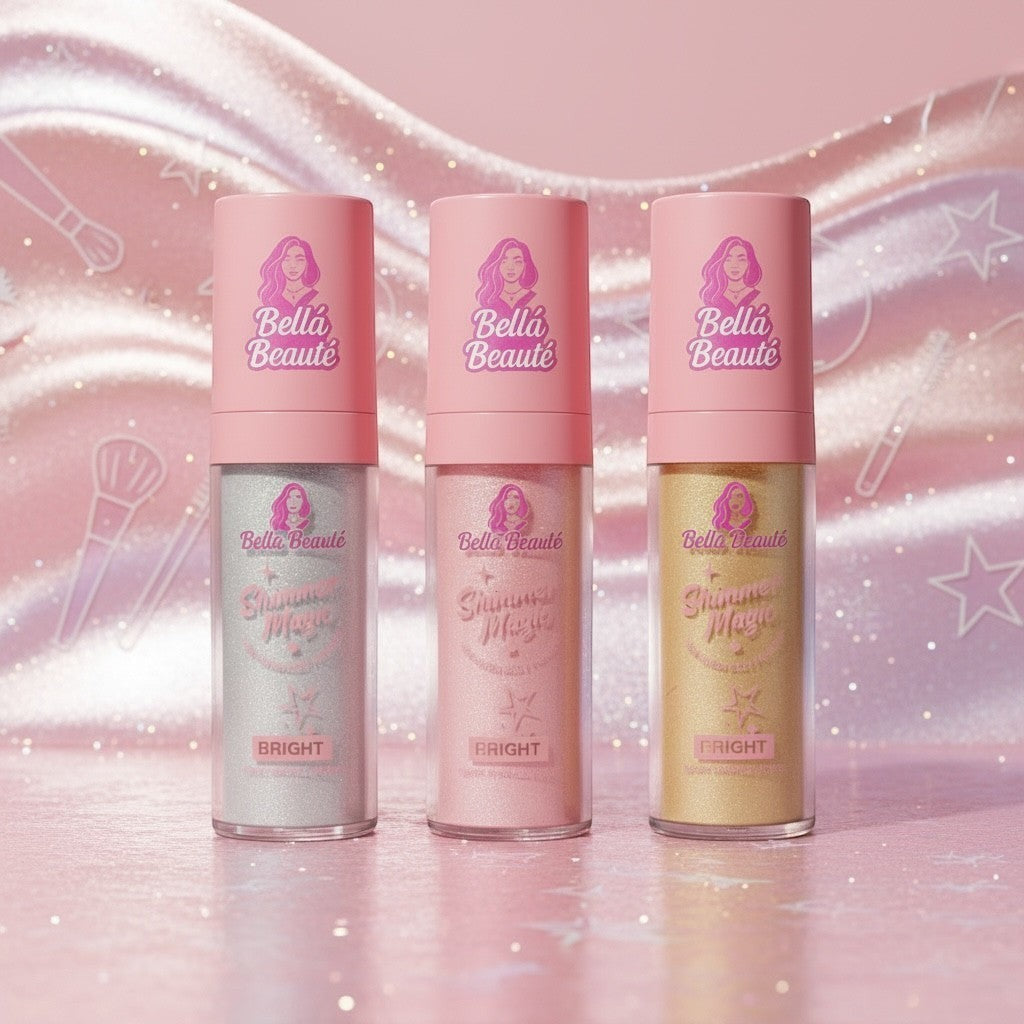 Bella Beauté Shimmer Magic Body Glow in Bright, Pink, and Gold shades. Lightweight illuminator for luminous skin.