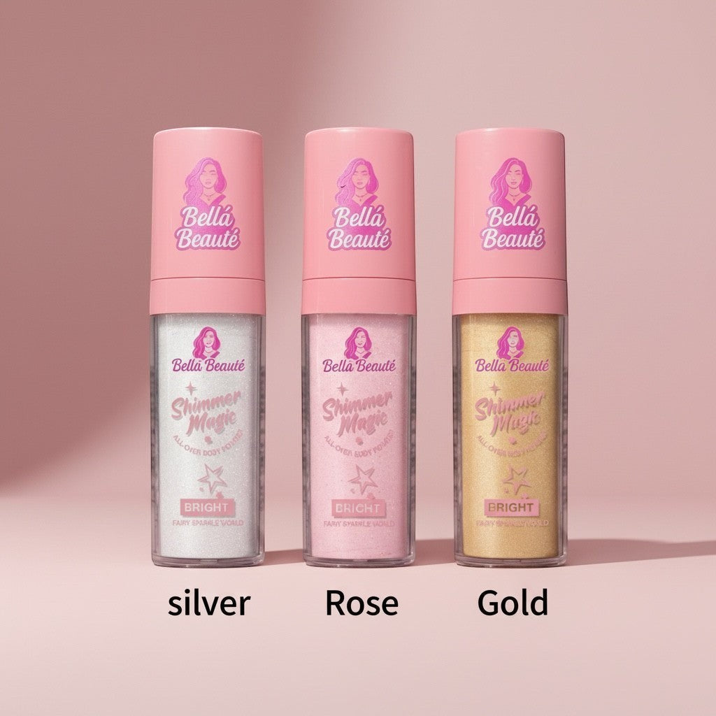 Bella Beauté Shimmer Magic Body Glow in silver, rose, and gold shades. Loose shimmer powder for face and body.