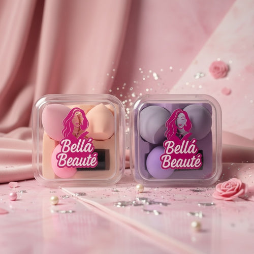 Bella Beauté beauty sponge sets in pink and purple, featuring ultra-soft material for seamless blending. Includes travel case.