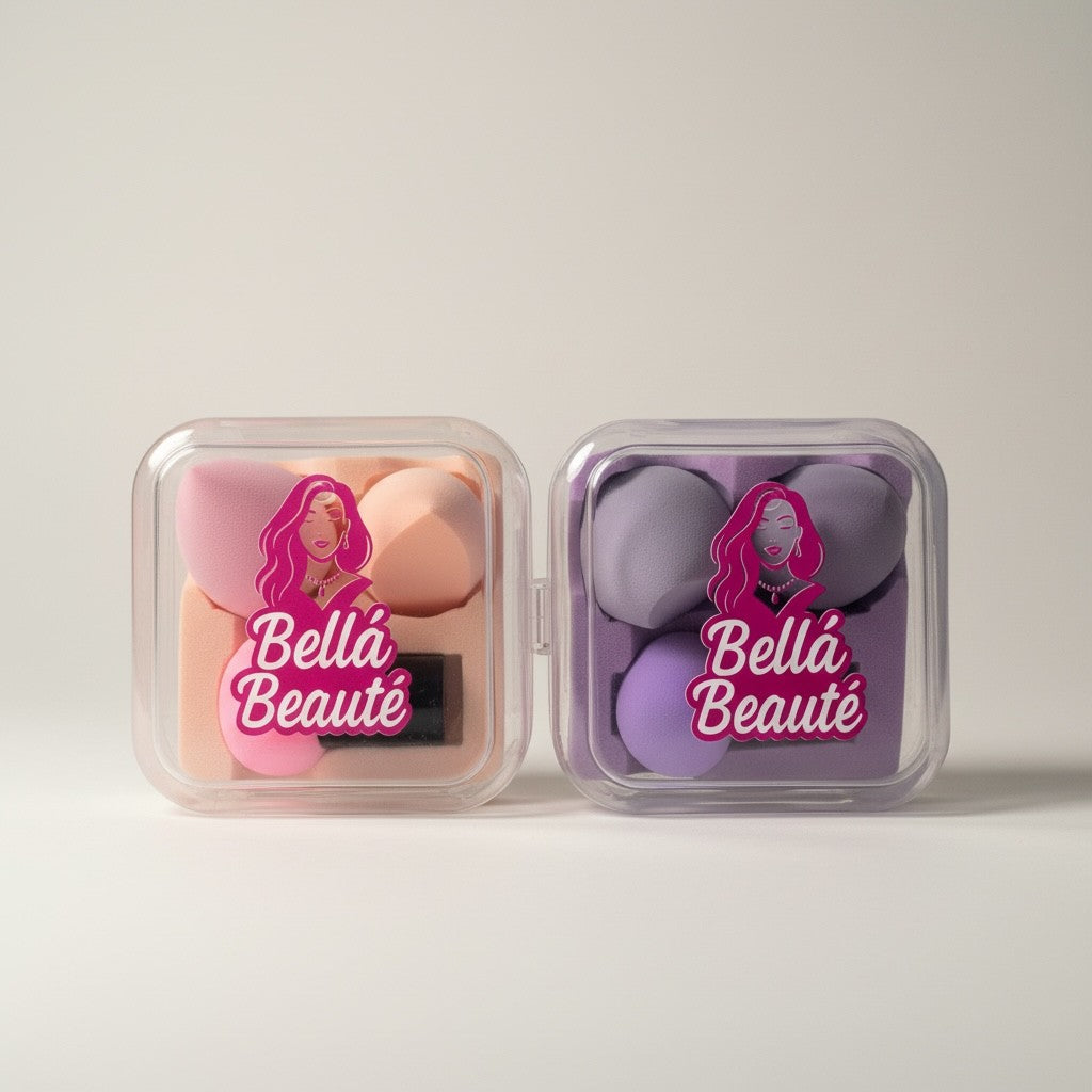 Bella Beauté beauty sponges in pink and purple sets, featuring ultra-soft material and travel-friendly cases.