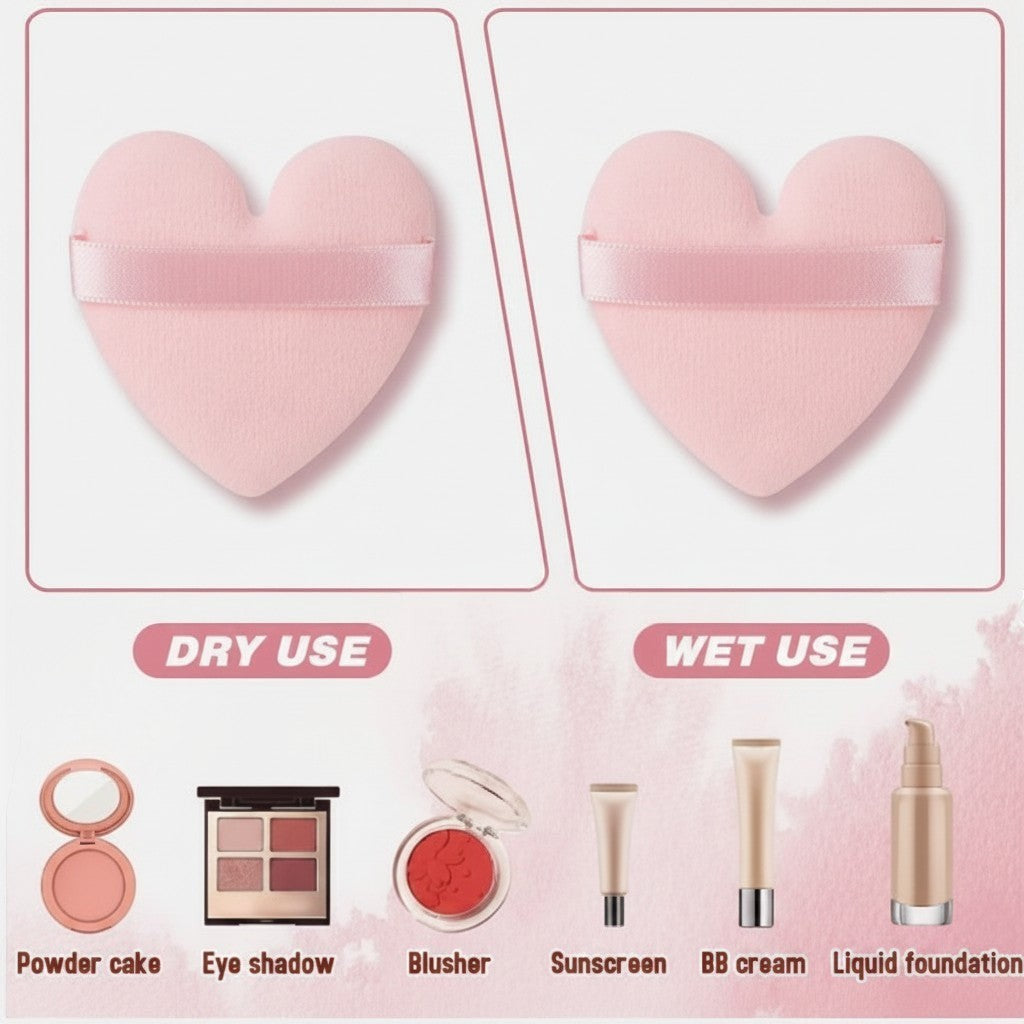 Bella Beauté blue heart-shaped powder puff for dry and wet makeup application. Soft, reusable, and ideal for flawless blending.