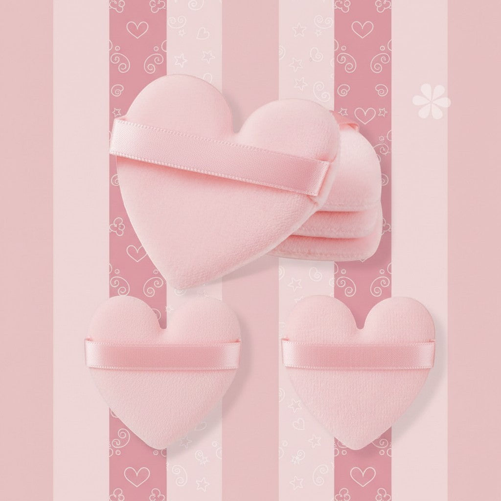 Bella Beauté light blue heart-shaped powder puffs with satin ribbon, set of 5 for makeup application.