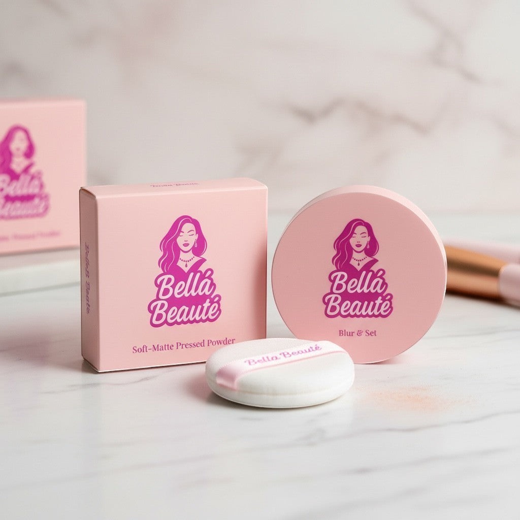 Bella Beauté BlurMatte Pressed Powder compact and box with puff applicator on a marble surface.