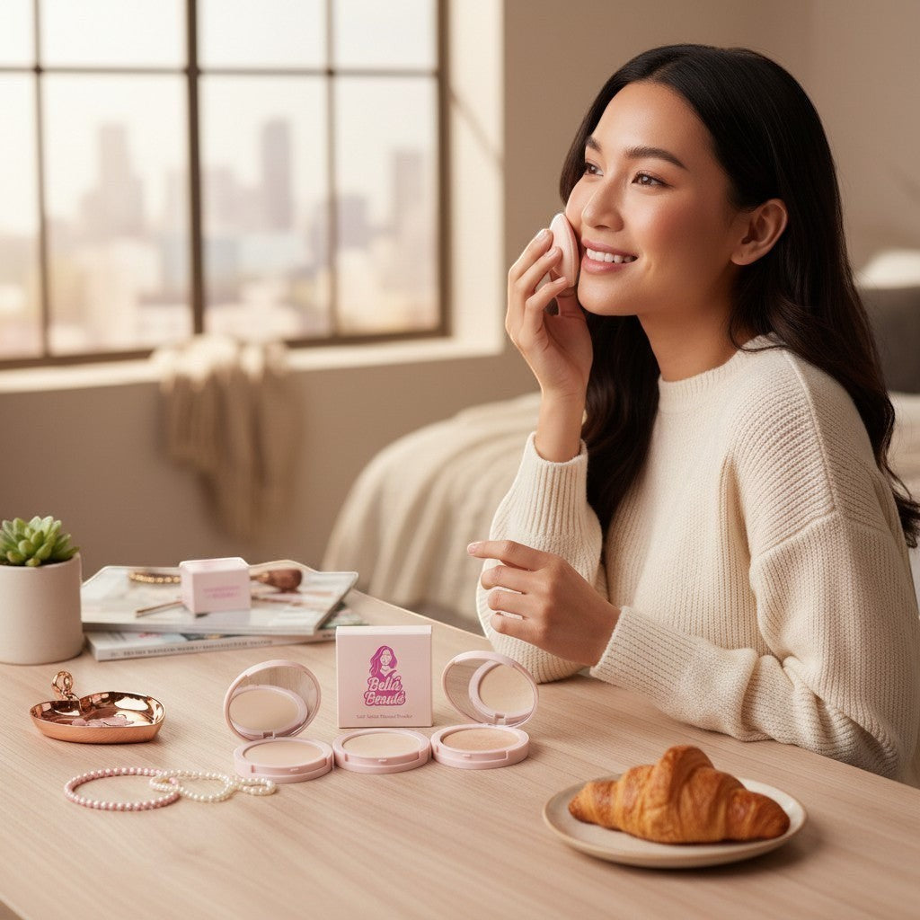 Bella Beauté BlurMatte Pressed Powder compacts and a woman applying powder with a puff. Soft focus finish.