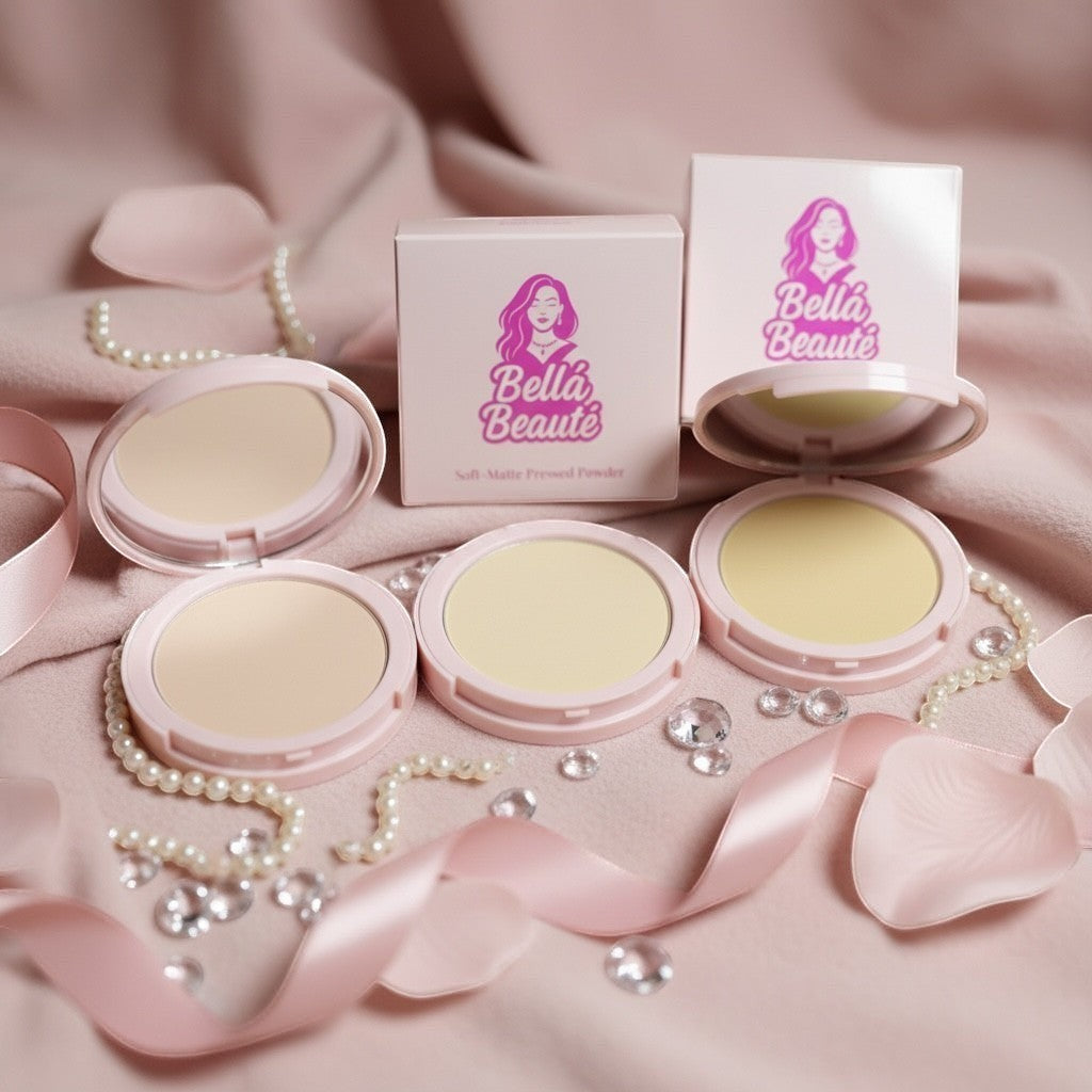 Bella Beauté BlurMatte Pressed Powder in light beige and yellow shades, with soft-focus matte finish. Includes compacts and boxes.