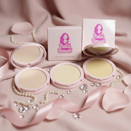 Bella Beauté BlurMatte Pressed Powder in light beige and yellow shades, with soft-focus matte finish. Includes compacts and boxes.