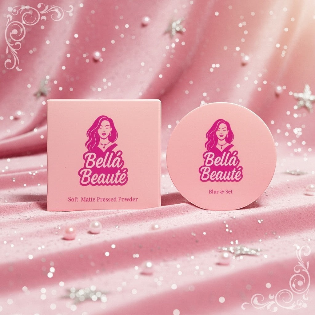 Bella Beauté BlurMatte Pressed Powder compact and case on a pink satin background with pearls and glitter.