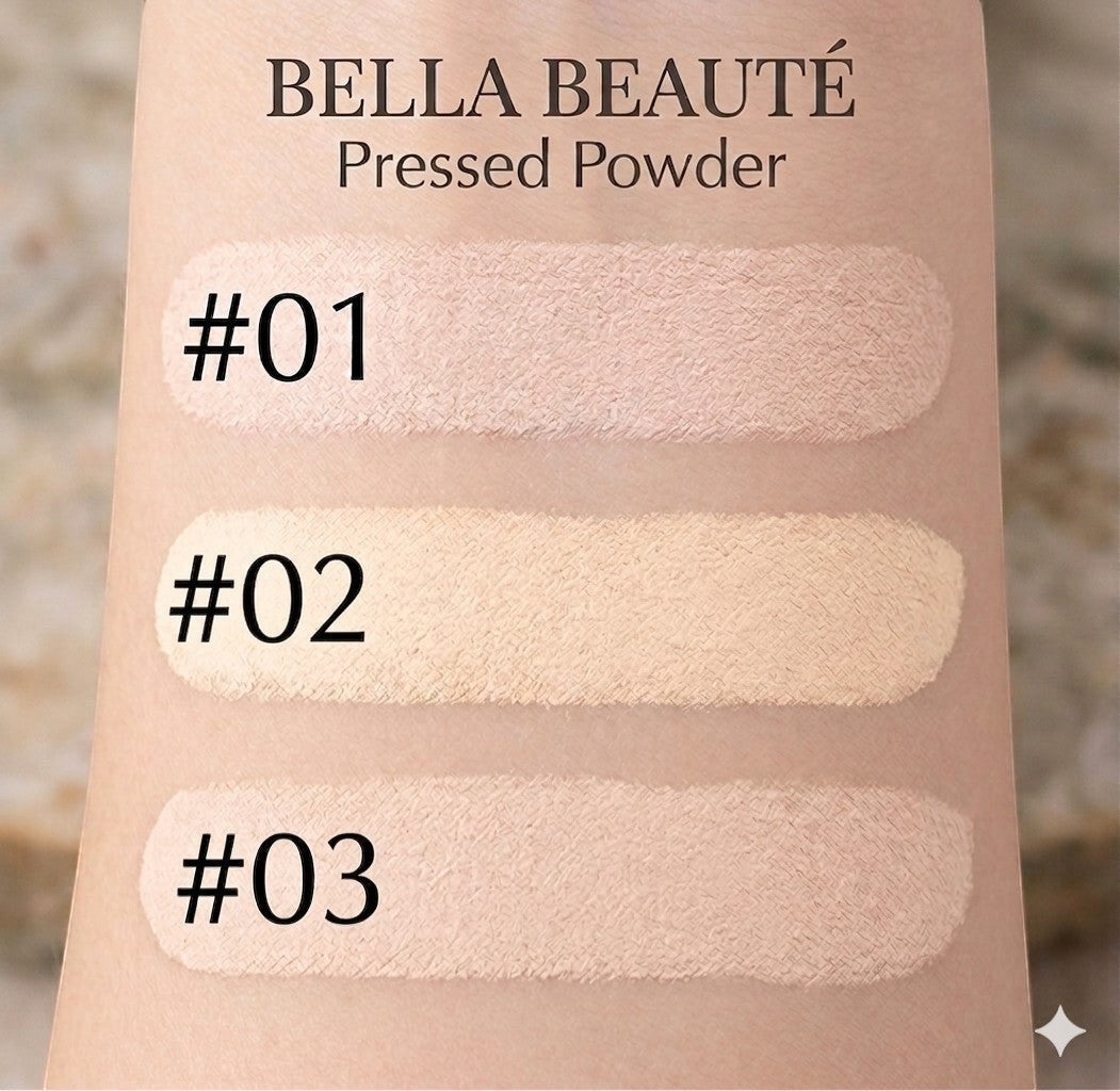 Bella Beauté BlurMatte Pressed Powder swatches on skin showing shades #01, #02, and #03. Ultra-fine powder for a soft-focus, matte finish.