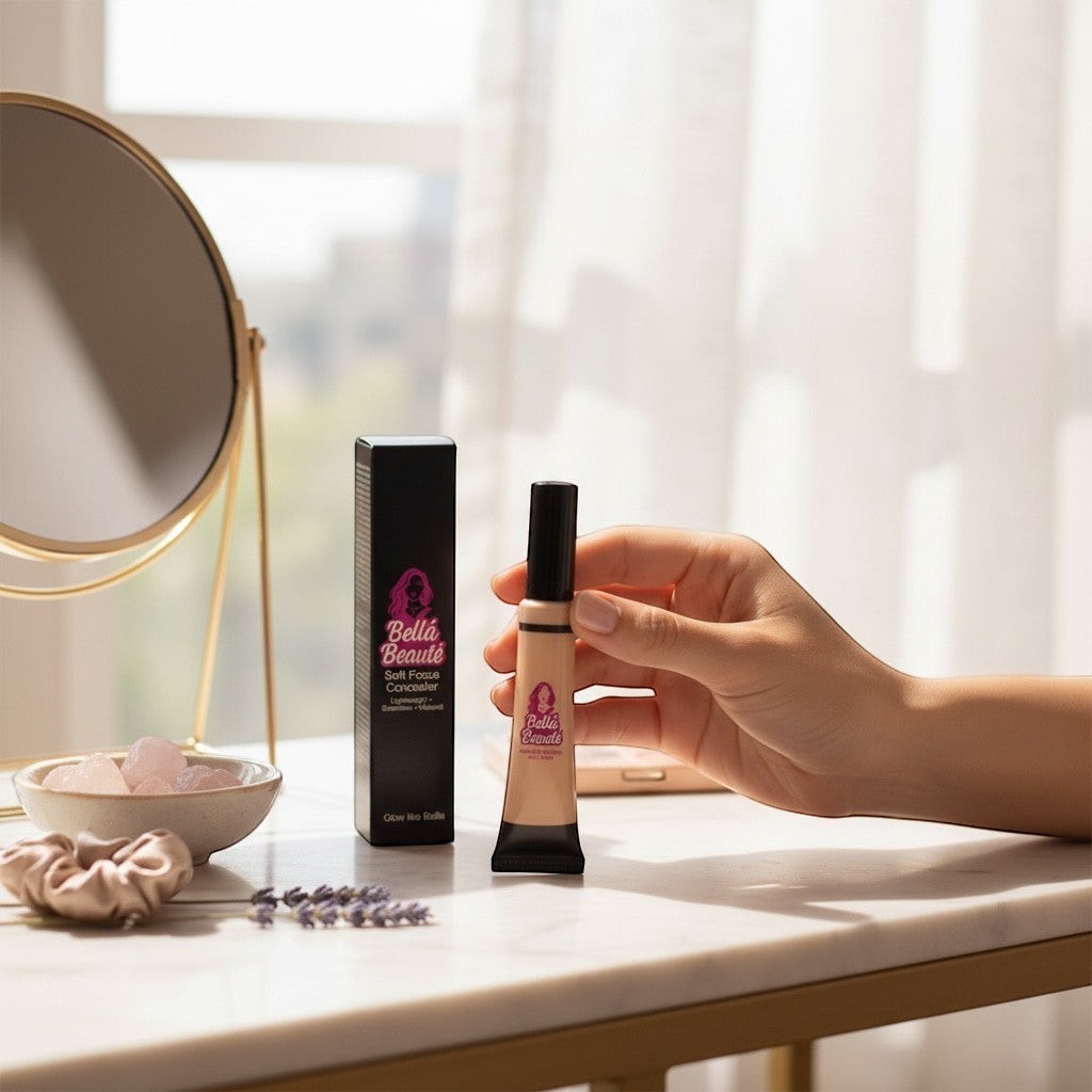 Bella Beauté Bright & Blur Concealer in a light beige shade, held by a hand. Creamy, lightweight formula for a smooth, second-skin finish.