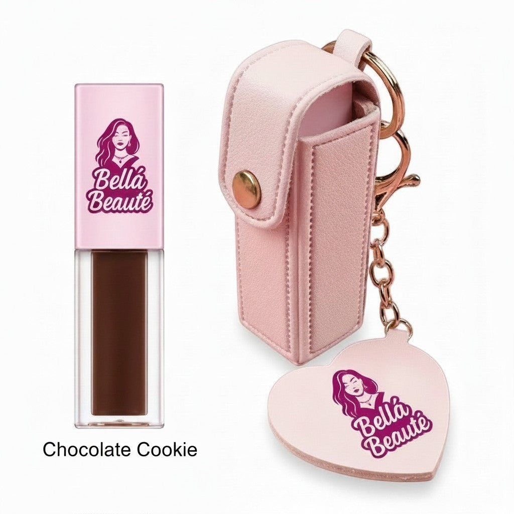 Bella Beauté Chocolate Cookie flavored lip oil with a pink keychain holder and heart charm.