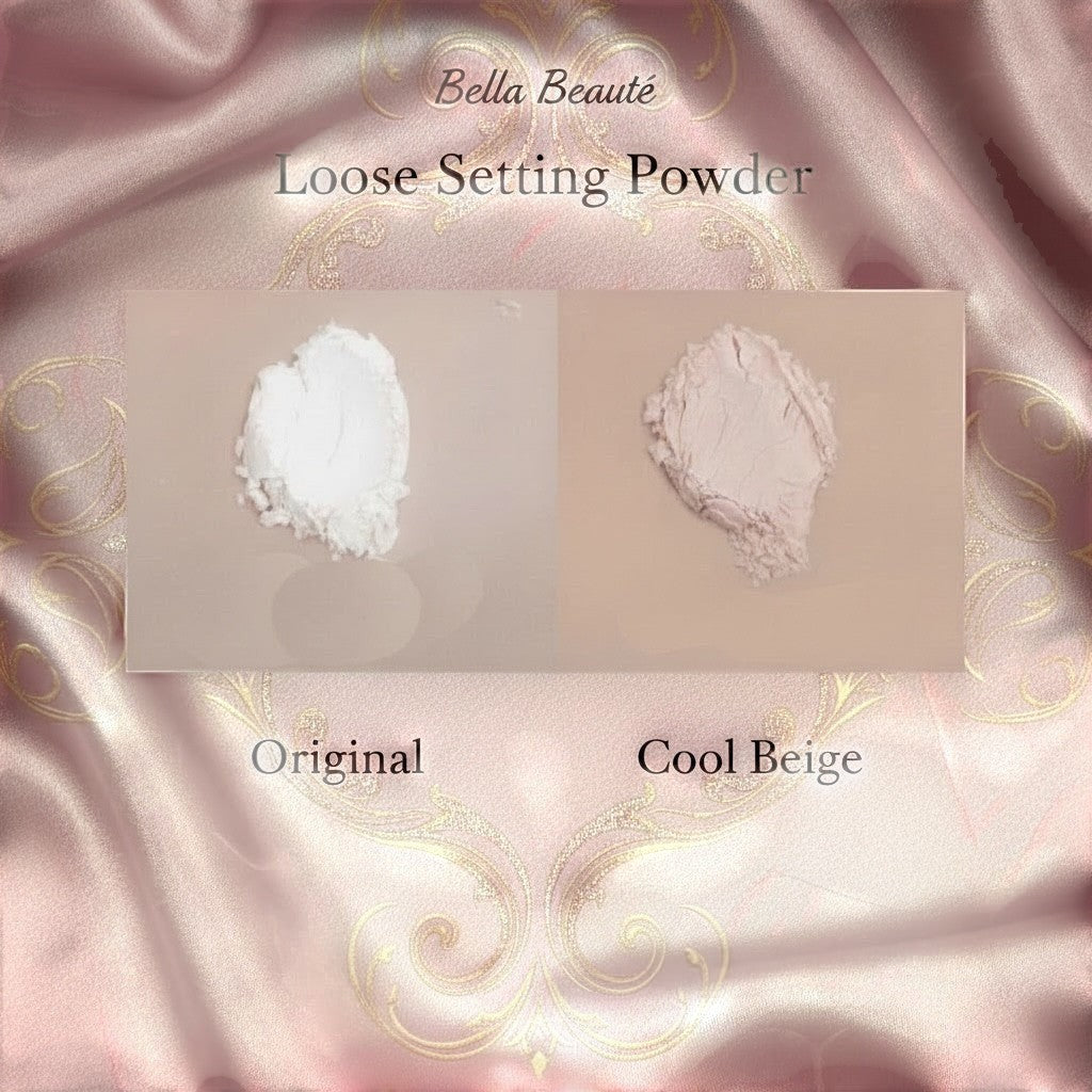 Bella Beauté CloudMatte Setting Powder in Original (white) and Cool Beige (light tan) shades, showing fine milled texture.