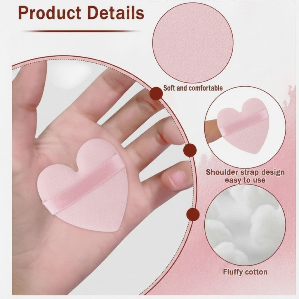 Bella Beauté pink heart-shaped powder puff with a satin strap for easy application, soft and fluffy cotton material.