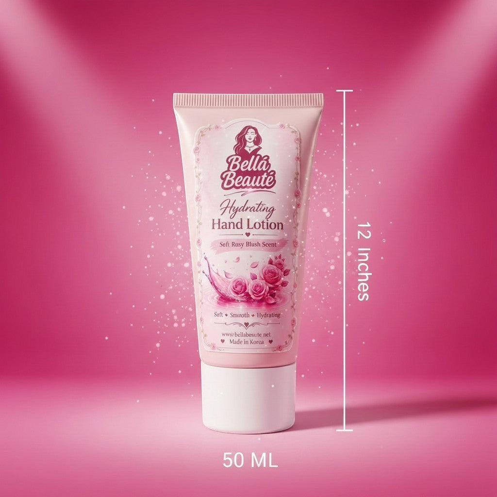 Bella Beauté Silky Touch Hydrating Hand Lotion in Soft Rosy Blush Scent, pink tube with rose graphics.