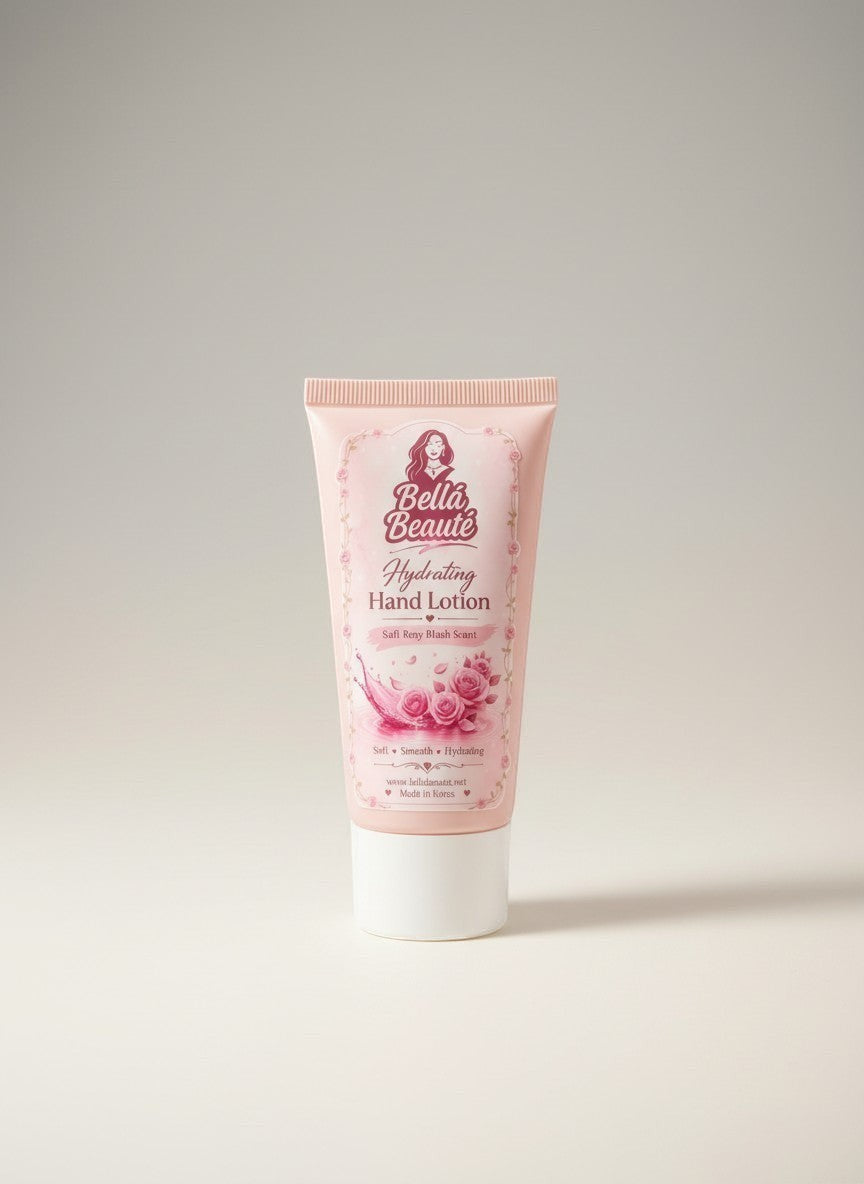 Bella Beauté Silky Touch Hydrating Hand Lotion in Soft Rosy Blush Scent, in a pink tube with rose graphics.