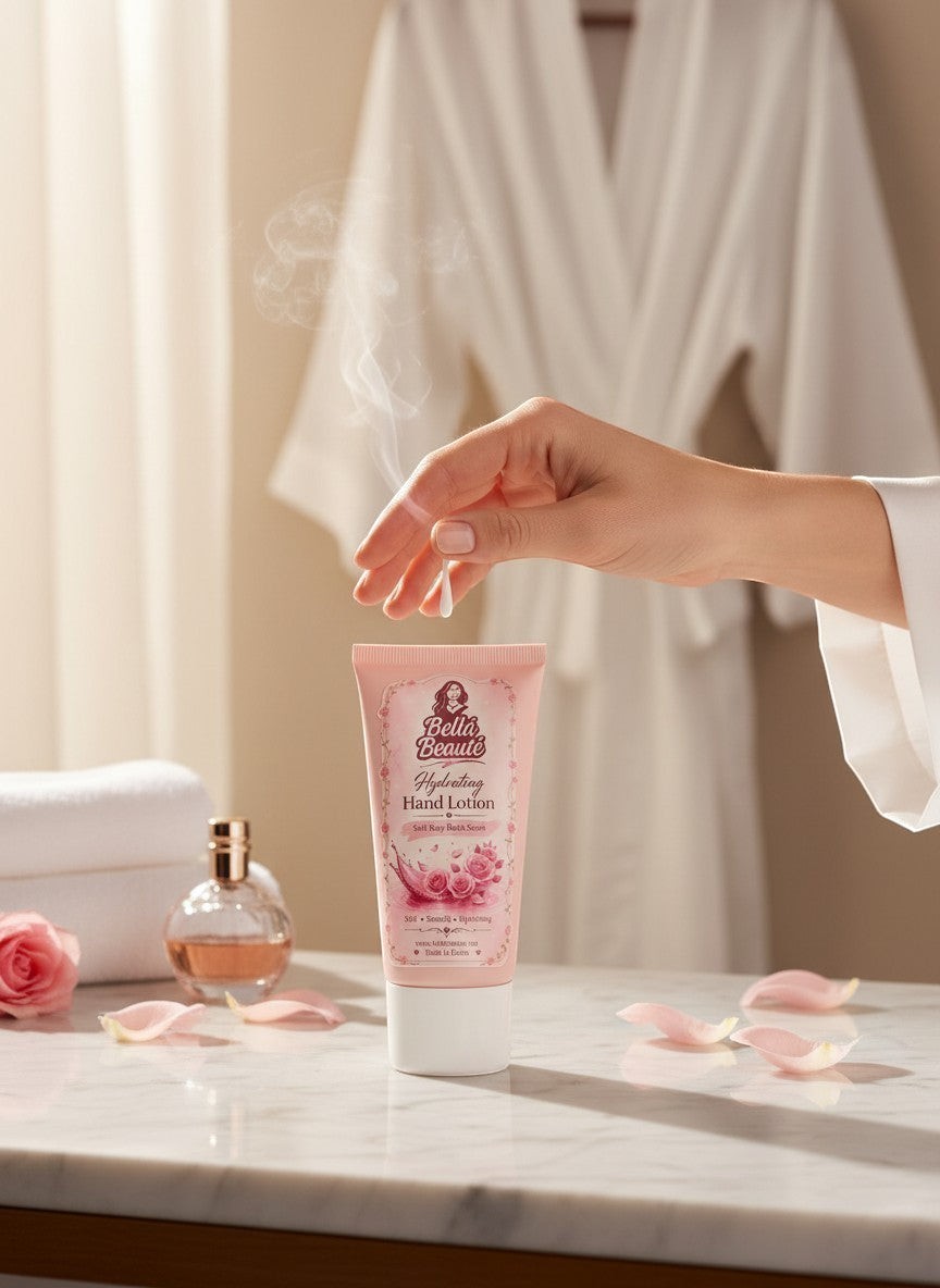 Bella Beauté Silky Touch Hydrating Hand Lotion in Soft Rosy Blush Scent, in a pink tube with rose graphics.