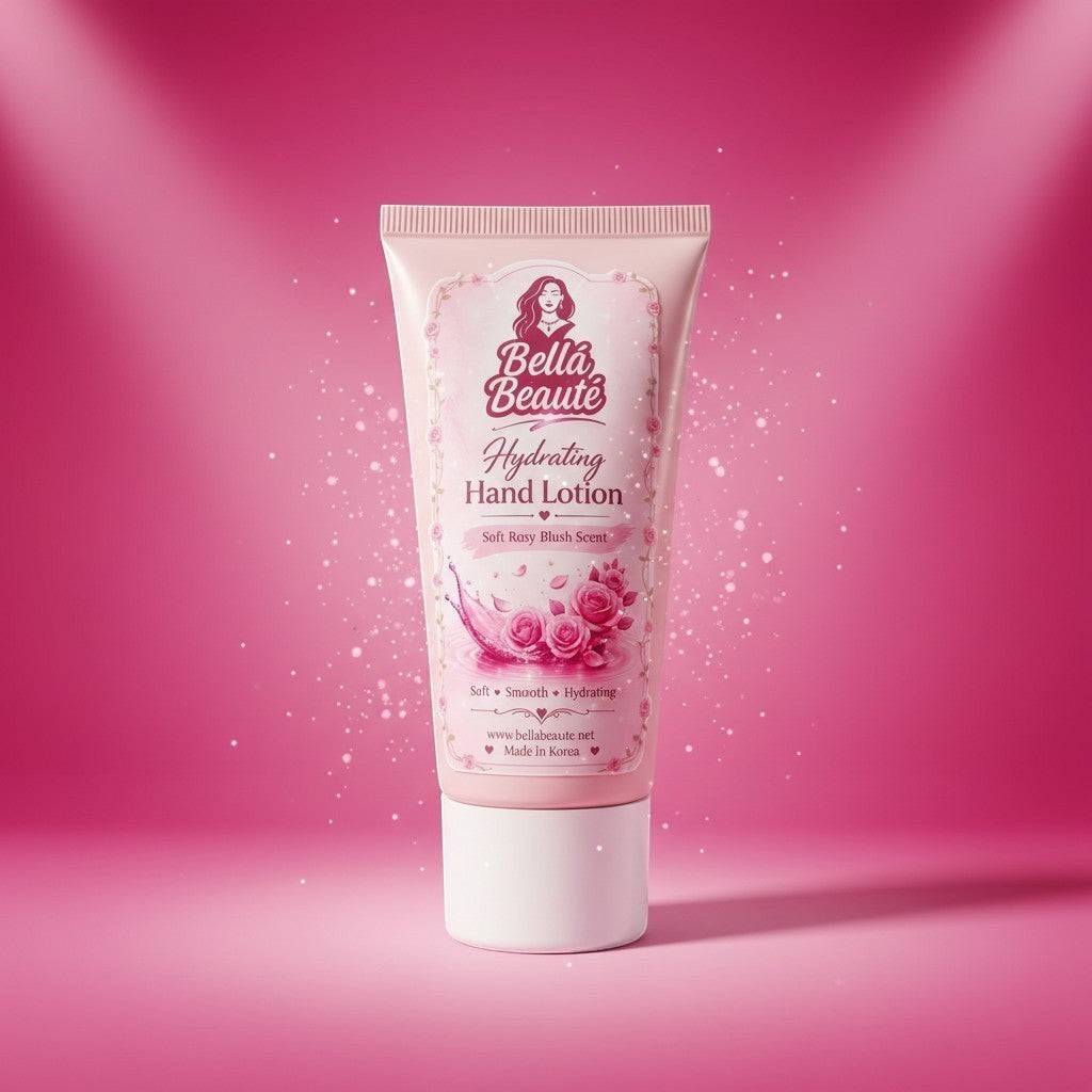 Bella Beauté Silky Touch Hydrating Hand Lotion in Soft Rosy Blush Scent, in a pink tube with rose graphics.