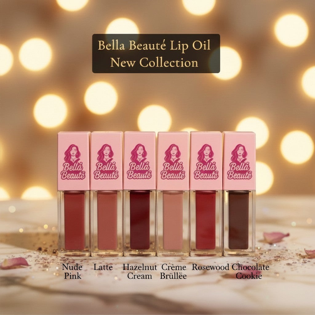 Bella Beauté collection of 6 flavored lip oils in shades Nude Pink, Latte, Hazelnut Cream, Crème Brûllée, Rosewood, and Chocolate Cookie.