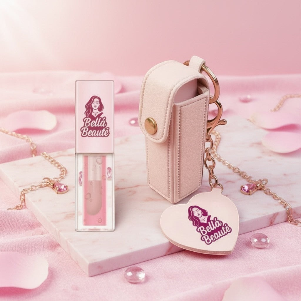 Bella Beauté light pink lip oil keychain with mirror and heart charm, hydrating and flavored.