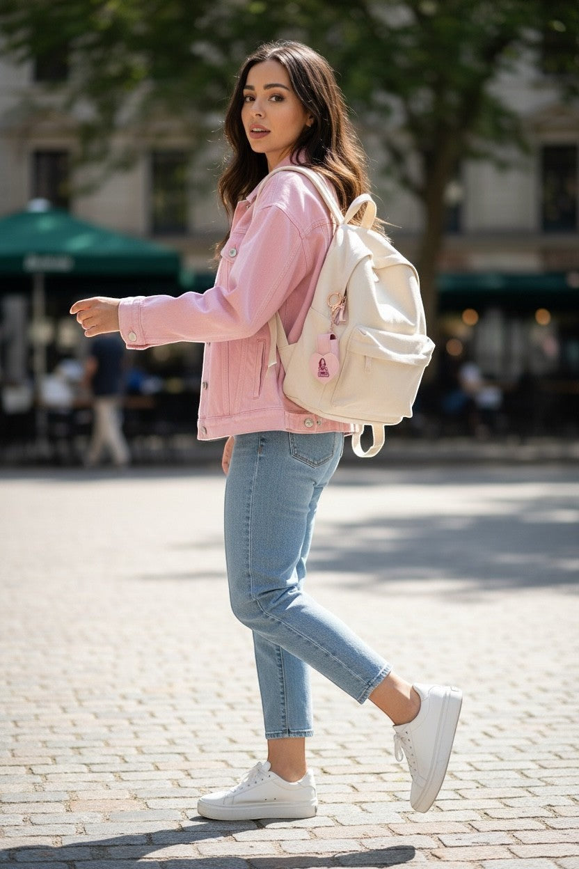 Bella Beauté lip oil keychain with mirror, pink keychain charm, attached to a cream backpack worn by a woman in a pink jacket and jeans.