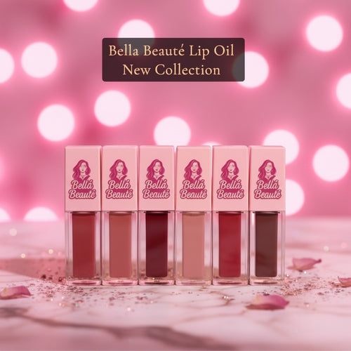 Bella Beauté lip oils in various shades, featuring a hydrating formula and a convenient keychain design. New collection.