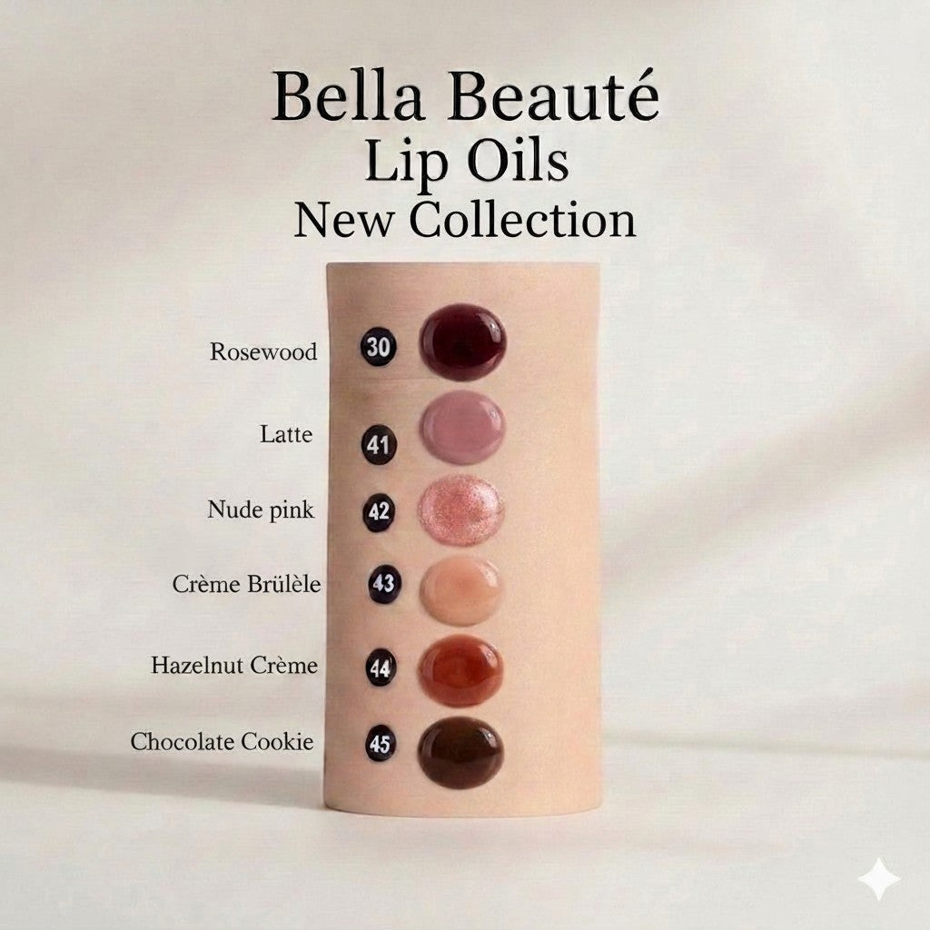 Bella Beauté lip oils swatched on arm in shades Rosewood, Latte, Nude Pink, Crème Brûlée, Hazelnut Crème, and Chocolate Cookie.