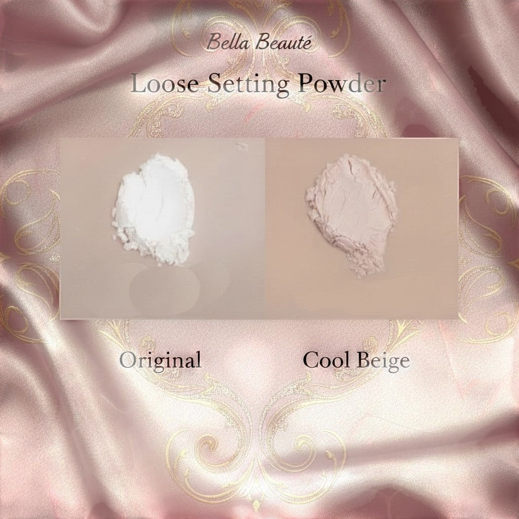Bella Beauté CloudMatte Loose Setting Powder in Original (white) and Cool Beige (light pink) shades on a satin background.