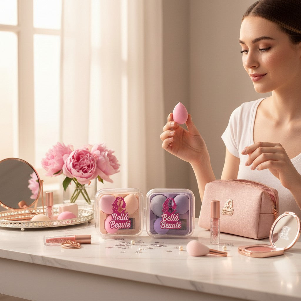 Bella Beauté pink and purple makeup sponges in travel cases, with a woman holding a pink sponge.