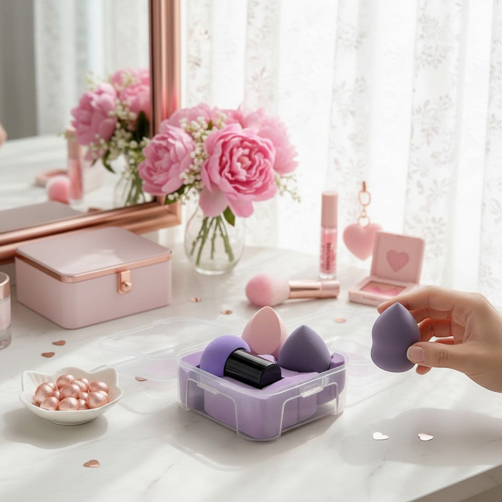 Bella Beauté makeup sponges in pink and purple, with a travel case and other beauty products on a vanity.
