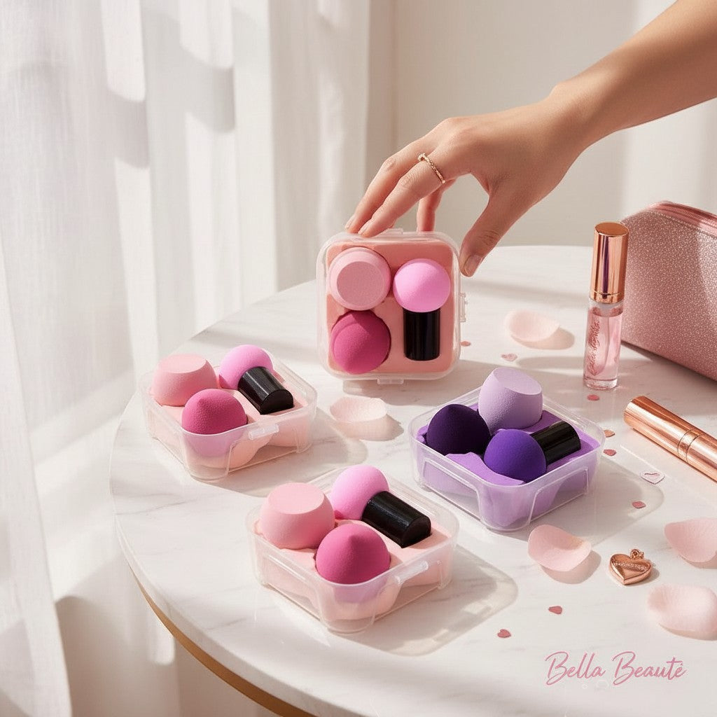 Bella Beauté makeup sponge sets in pink and purple, featuring soft, bouncy sponges in various shapes with black handles, stored in clear travel cases.