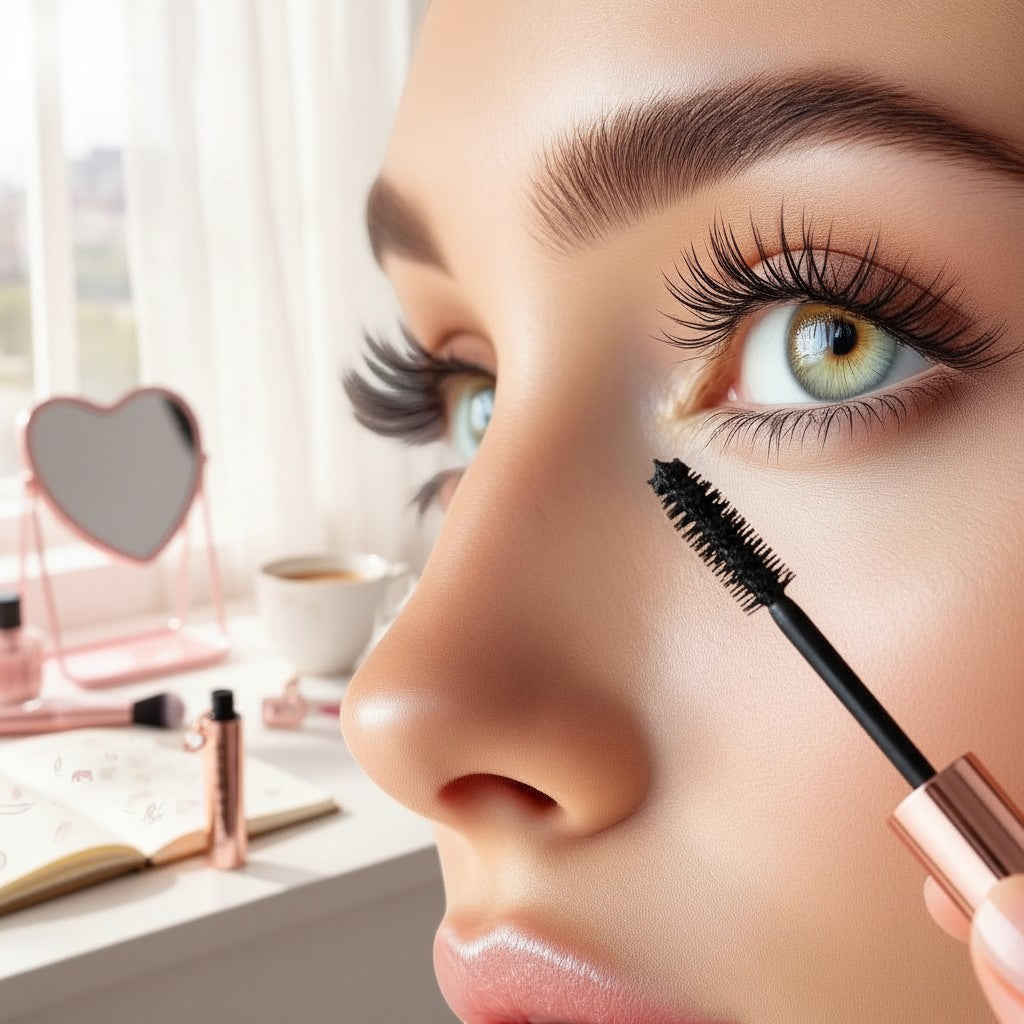 Bella Beauté Mascara wand applying to model's long, voluminous lashes. Smudge-resistant formula.
