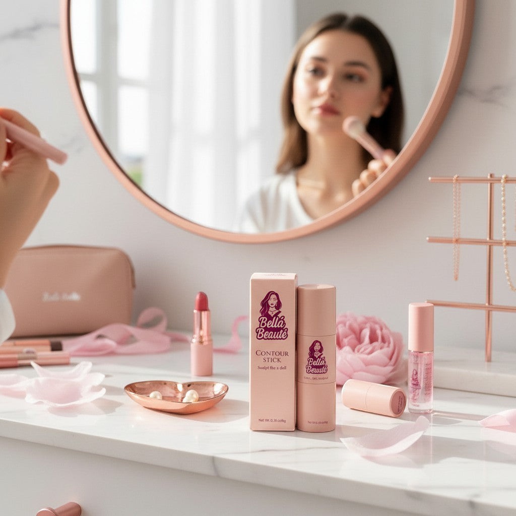Bella Beauté MeltBlend Contour Stick in Soft Bronze with built-in brush for seamless sculpting. A woman applies makeup in the mirror.